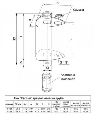  Бак ''Каспий'' треугольный на трубе 63л Ф 115 (AISI 201/1.0) купить в Воронеже